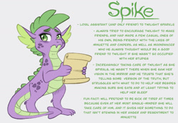 Size: 1280x887 | Tagged: safe, artist:carouselunique, derpibooru import, spike, dragon, g4, alternate design, alternate universe, character swap, depressed, male, reference sheet, scroll, side stars au, simple background, smiling, solo, text