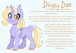 Size: 1280x887 | Tagged: safe, artist:carouselunique, derpibooru import, dinky hooves, pony, unicorn, g4, alternate cutie mark, alternate design, alternate hairstyle, alternate universe, character swap, cloven hooves, colored hooves, female, fetlock tuft, filly, foal, heterochromia, horn, reference sheet, side stars au, simple background, smiling, solo, text, unshorn fetlocks