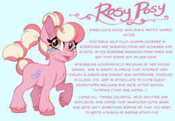 Size: 1280x887 | Tagged: safe, artist:carouselunique, derpibooru import, rosy posy, pony, g4, :p, alternate cutie mark, alternate design, alternate hairstyle, alternate universe, bandaid, character swap, colored hooves, female, fetlock tuft, filly, foal, horn, pigtails, reference sheet, side stars au, simple background, smiling, solo, text, tongue, tongue out, unshorn fetlocks