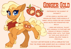 Size: 1280x886 | Tagged: safe, artist:carouselunique, derpibooru import, earth pony, pony, g4, alternate cutie mark, alternate design, alternate hairstyle, alternate universe, character swap, colored hooves, female, fetlock tuft, ginger gold, mare, reference sheet, side stars au, simple background, smiling, solo, text, trotting, unshorn fetlocks