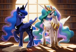 Size: 1216x832 | Tagged: safe, ai content, generator:pony diffusion v6 xl, machine learning generated, princess celestia, princess luna, alicorn, pony, book, duo, female, incorrect leg anatomy, indoors, library, looking at each other, mare, regalia, royal sisters, siblings, sisters, window