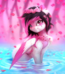 Size: 2265x2595 | Tagged: safe, artist:itssim, derpibooru import, oc, oc only, oc:lunylin, pegasus, pony, commission, female, flower, fluffy, heterochromia, high res, looking at you, mare, pegasus oc, smiling, smiling at you, solo, water, wings