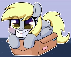 Size: 3082x2481 | Tagged: safe, artist:sakukitty, derpibooru import, derpy hooves, pegasus, pony, g4, blushing, box, cute, derpabetes, eye clipping through hair, female, folded wings, heart, high res, if i fits i sits, letter, looking at you, love letter, mare, mouth hold, outline, pony in a box, signature, solo, weapons-grade cute, white outline, wings