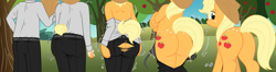 Size: 3742x984 | Tagged: safe, artist:redpaladin, derpibooru import, applejack, anthro, earth pony, human, pony, applebutt, applejack's hat, butt, butt expansion, butt freckles, clothes, cowboy hat, female, freckles, growth, hat, human to pony, male to female, mare, pants, plot, rear view, ripping clothes, rule 63, species swap, transformation, transformation sequence, transgender transformation