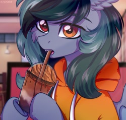 Size: 1200x1143 | Tagged: safe, artist:fluffywhirlpool, derpibooru import, oc, oc:scrimmy, bat pony, bubble tea, cafe, clothes, commission, cute, drink, drinking, ear fluff, ears, holding, hoodie, male, sitting, ych result