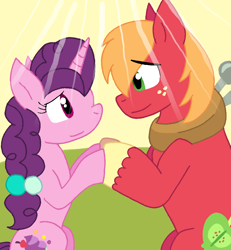 Size: 866x936 | Tagged: safe, artist:cmara, derpibooru import, big macintosh, sugar belle, earth pony, pony, unicorn, g4, couple, female, horn, looking at each other, looking at someone, male, shipping, straight, sugarmac