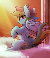 Size: 2500x2926 | Tagged: safe, artist:crutonart, artist:foxinshadow, derpibooru import, rainbow dash, pegasus, pony, collaboration, g4, cloud, cloudsdale, crepuscular rays, cute, dashabetes, dusk, eye clipping through hair, eyebrows, eyebrows visible through hair, female, high res, looking at you, looking back, looking back at you, mare, on a cloud, pillar, profile, sitting, sitting on cloud, solo, spread wings, sunset, tail, wings