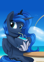 Size: 2893x4092 | Tagged: safe, artist:neoncel, derpibooru import, princess luna, alicorn, bird, pony, seagull, g4, beach, cloud, crown, cup, cute, day, drink, drinking, drinking straw, female, high res, hnnng, hoof shoes, horn, jewelry, looking at you, lunabetes, mare, outdoors, peytral, princess shoes, rainbow, regalia, sitting, sky, slush ice, slushie, solo, straw, table, water, wings