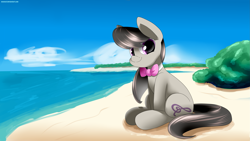 Size: 3555x2000 | Tagged: safe, artist:neoncel, derpibooru import, octavia melody, earth pony, pony, g4, backwards cutie mark, beach, bowtie, cloud, day, female, high res, looking at you, mare, outdoors, sitting, sky, smiling, smiling at you, solo, tail, water