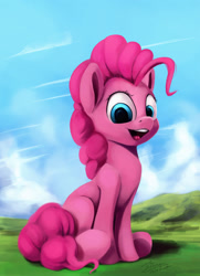 Size: 1303x1800 | Tagged: safe, artist:insanerobocat, derpibooru import, pinkie pie, earth pony, pony, g4, cute, diapinkes, female, grass, mare, open mouth, open smile, outdoors, signature, sitting, sky, smiling, solo