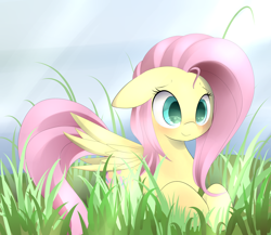 Size: 4200x3650 | Tagged: safe, artist:posionjoke, derpibooru import, fluttershy, pegasus, pony, g4, blushing, cute, ears, female, floppy ears, grass, high res, lying down, mare, outdoors, prone, shyabetes, smiling, solo, stray strand, wings
