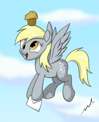 Size: 2420x3000 | Tagged: safe, artist:mercurysparkle, derpibooru import, derpy hooves, pegasus, pony, g4, cloud, cute, derpabetes, female, flying, food, high res, letter, mare, muffin, open mouth, open smile, outdoors, signature, sky, smiling, solo, spread wings, wings