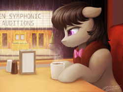 Size: 3200x2400 | Tagged: safe, artist:novaintellus, derpibooru import, octavia melody, earth pony, pony, g4, audition, booth, bowtie, cafe, coffee, coffee mug, ears, female, floppy ears, high res, indoors, mare, mug, rain, signature, sitting, solo, story included, table, theater, window