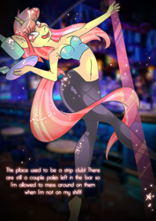 Size: 707x1000 | Tagged: safe, artist:modcoon, derpibooru import, oc, oc only, oc:mimie, anthro, unicorn, bar, horn, strip club, stripper pole, unicorn oc