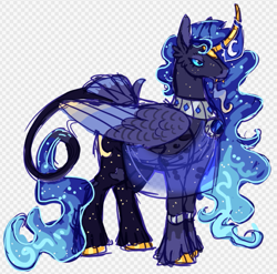 Size: 1177x1162 | Tagged: safe, artist:devilbunzz, derpibooru import, princess luna, alicorn, pony, g4, alternate color palette, alternate design, alternate hair color, alternate tail color, alternate tailstyle, bangles, blue eyes, blue mane, blue sclera, blue tail, checkered background, cheek fluff, colored horn, colored muzzle, colored pinnae, colored wings, colored wingtips, curved horn, ear fluff, ears, ethereal mane, ethereal tail, fangs, female, folded wings, frown, horn, jewelry, leonine tail, lidded eyes, long mane, long tail, mare, multicolored coat, multicolored wings, patterned background, peacock feathers, peytral, purple coat, solo, sparkly mane, sparkly tail, standing, tail, unshorn fetlocks, veil, wavy mane, wavy tail, wings