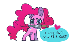 Size: 598x399 | Tagged: safe, artist:cutesykill, derpibooru import, pinkie pie, earth pony, pony, g4, beanbrows, blue eyes, blue sclera, chibi, colored eyebrows, colored pinnae, concave belly, dialogue, eyebrows, female, floating heart, heart, implied cannibalism, implied violence, knife, long mane, long tail, mare, mouth hold, pink coat, pink mane, pink tail, simple background, solo, speech bubble, tail, talking to viewer, text, this will end in death, this will end in pain, this will end in pain and/or death, white background, wide eyes