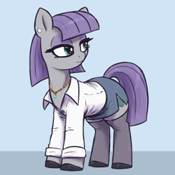 Size: 2500x2500 | Tagged: safe, artist:t72b, derpibooru import, maud pie, earth pony, pony, g4, alternate clothes, button-up shirt, clothes, ear piercing, earring, female, jewelry, looking back, looking to side, looking to the right, mare, necklace, office lady, piercing, shirt, shoes, side slit, side view, simple background, skirt, stockings, thigh highs