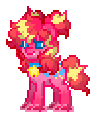 Size: 196x240 | Tagged: safe, derpibooru exclusive, derpibooru import, pinkie pie, earth pony, pony, g4, 2d, alternate hairstyle, animated, blue eyes, female, jewelry, necklace, one eye closed, pink body, pixel art, pony town, ponytails, redesign, simple background, solo, sprite, standing, tooth, transparent background, wink