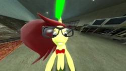 Size: 2560x1440 | Tagged: safe, derpibooru import, oc, oc only, oc:sour cherry, pegasus, pony, unicorn, 3d, 3d model, 4chan, bucktooth, computer, female, glasses, gmod, green magic, horn, mare, nerd, nerd pony, pc game, red mane, red tie, solo, source, source filmmaker, unicorn oc, video game, yellow coat