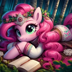 Size: 1024x1024 | Tagged: safe, ai content, derpibooru import, machine learning generated, pinkie pie, earth pony, pony, g4, birch tree, book, clothes, cyrillic, female, forest, mare, nature, russian, slavic, solo, tree