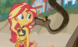 Size: 768x461 | Tagged: safe, artist:ocean lover, derpibooru import, edit, edited screencap, screencap, sunset shimmer, human, snake, equestria girls, g4, bare midriff, bare shoulders, beach, belly button, bikini, clothes, crossover, disney, geode of empathy, hypno eyes, hypnosis, kaa, kaa eyes, link in description, looking at each other, looking at someone, magical geodes, midriff, outdoors, sand, sarong, shell, summer, summer sunset, swimsuit, teal eyes, thumbnail, youtube link, youtube link in the description, youtube thumbnail, youtube video