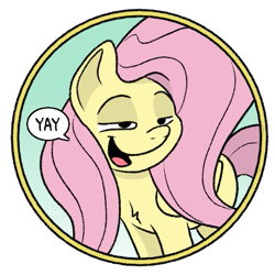 Size: 571x571 | Tagged: safe, artist:doodledonutart, derpibooru import, fluttershy, pegasus, pony, g4, female, lidded eyes, mare, no eyelashes, open mouth, open smile, simple background, smiling, smug, smugshy, solo, transparent background, yay