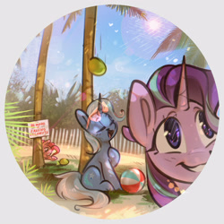 Size: 2800x2800 | Tagged: safe, artist:mirroredsea, derpibooru import, pinkie pie, starlight glimmer, trixie, earth pony, pony, unicorn, g4, beach, beach ball, coconut, eyes closed, female, food, grin, horn, imminent pain, looking offscreen, mare, open mouth, open smile, palm tree, smiling, sunglasses, sunglasses on head, tree, trio