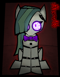Size: 1172x1492 | Tagged: safe, artist:xxv4mp_g4z3rxx, derpibooru import, marble pie, earth pony, pony, robot, robot pony, g4, animatronic, bowtie, crossover, female, five nights at freddy's, glowing, glowing eyes, green coat, green mane, looking at you, mare, purple eyes, red background, signature, simple background, sitting, solo, two toned mane
