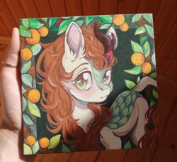 Size: 2048x1866 | Tagged: safe, artist:dorry, derpibooru import, autumn blaze, kirin, g4, female, hand, looking at you, mare, photo, solo, traditional art