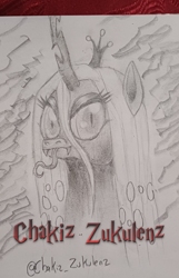 Size: 1800x2800 | Tagged: safe, artist:chakiz zukulenz, derpibooru import, queen chrysalis, changeling, cute, drawing, fangs, holes, looking at you, pencil, pencil drawing, photo, solo, tongue, tongue out, traditional art