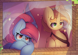 Size: 2950x2100 | Tagged: safe, artist:miryelis, derpibooru import, oc, oc only, oc:brave boi, oc:rainven wep, bag, big ears, colt, ears, female, foal, long hair, male, mare, minecraft, pickaxe, red eyes, smiling, sparkles, window, wings