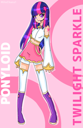 Size: 840x1288 | Tagged: safe, artist:milochanz!, derpibooru exclusive, derpibooru import, twilight sparkle, human, series:ponyloids, g4, clothes, female, humanized, patterned background, purple eyes, skirt, solo, sparkle, vocaloid