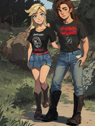 Size: 768x1024 | Tagged: safe, ai content, derpibooru import, machine learning generated, applejack, human, equestria girls, g4, rainbow rocks, applerack, background, big breasts, breasts, clothes, denim, denim skirt, duo, female, long hair male, looking at you, male, metal, prompter:hqdmusthave, rock, skirt, smiling, standing, stupid sexy applejack