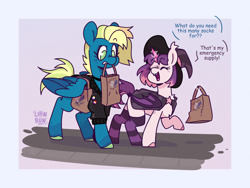 Size: 2000x1500 | Tagged: safe, artist:lionbun, derpibooru import, oc, oc only, oc:cyber cavea, oc:wanda, bat pony, pegasus, bag, bat pony oc, chibi, clothes, cute, fake horn, female, friends, hat, jacket, leather, leather jacket, magic, mare, nonbinary, paper bag, pegasus oc, pride, pride flag, shopping, socks, stockings, striped socks, thigh highs, witch, witch hat