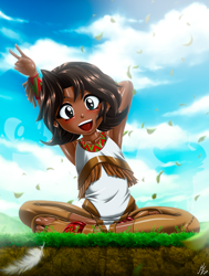 Size: 2765x3654 | Tagged: safe, alternate version, artist:mauroz, derpibooru import, winona, human, g4, child, dark skin, humanized, humanized pet, missing accessory, mole, native american, solo, younger