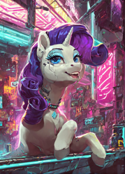 Size: 1000x1400 | Tagged: safe, ai content, derpibooru import, generator:pony diffusion v6 xl, generator:stable diffusion, machine learning generated, rarity, pony, unicorn, g4, city, cyberpunk, female, horn, mare, neon, night, prompter:star-dragon