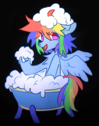 Size: 1920x2455 | Tagged: safe, artist:ksbanan, derpibooru import, pegasus, pony, bathtub, black background, chest fluff, eye clipping through hair, female, mare, open mouth, open smile, simple background, smiling, solo, spread wings, wings