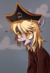 Size: 1920x2815 | Tagged: safe, artist:ksbanan, derpibooru import, derpy hooves, pegasus, pony, hat, open mouth, open smile, pirate, pirate hat, smiling, solo