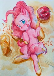 Size: 2585x3670 | Tagged: safe, artist:ph平和, derpibooru import, pinkie pie, earth pony, pony, birthday cake, cake, food, looking at you, smiling, smiling at you, solo, traditional art, watercolor painting