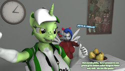 Size: 3840x2160 | Tagged: safe, alternate version, artist:zgsfm, derpibooru import, oc, oc only, oc:baetica castanets, oc:seafood fisher, anthro, pegasus, plantigrade anthro, unicorn, 3d, 3d model, ;p, andalusia, breasts, coat markings, female, galicia, high res, horn, mare, one eye closed, raised hoof, raised leg, real betis, spain, tongue, tongue out, tree, wink