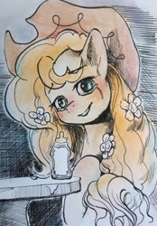 Size: 936x1348 | Tagged: safe, artist:ph平和, derpibooru import, pear butter, earth pony, pony, g4, female, looking at you, mare, milk bottle, smiling, smiling at you, solo, teary eyes, traditional art, watercolor painting