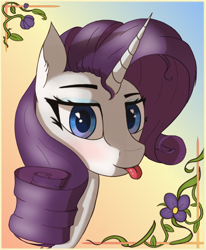 Size: 1144x1386 | Tagged: safe, artist:raritymylove, derpibooru exclusive, derpibooru import, rarity, pony, :p, blushing, bust, eyebrows, gradient background, looking at you, portrait, raised eyebrow, solo, tongue, tongue out