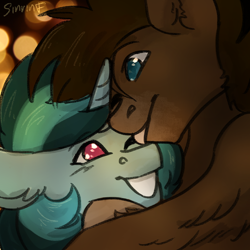 Size: 1000x1000 | Tagged: safe, artist:sinrinf, derpibooru import, oc, oc:bumper, pegasus, pony, unicorn, couple, horn