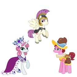 Size: 1280x1280 | Tagged: safe, artist:dazzle, derpibooru import, chancellor puddinghead, commander hurricane, princess platinum, earth pony, pegasus, unicorn, armor, cape, clothes, crown, ear piercing, earring, flying, founders of equestria, hat, helmet, horn, jewelry, pants, physique difference, piercing, regalia, royalty, simple background, transparent background, trio, unshorn fetlocks