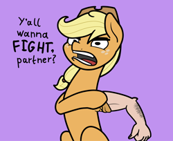 Size: 2048x1671 | Tagged: safe, artist:ewoudcponies, derpibooru import, applejack, earth pony, pony, arm, female, hand, purple background, rolling up sleeves, simple background, solo, suddenly hands, wat