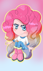 Size: 1085x1775 | Tagged: safe, artist:windowsrose, derpibooru import, pinkie pie, human, alternate hairstyle, boots, clothes, female, gradient background, humanized, shirt, shoes, skirt, solo, stockings, thigh highs