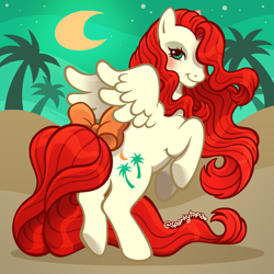 Size: 2400x2400 | Tagged: safe, artist:sparkytopia, derpibooru import, paradise, pegasus, pony, g1, bow, desert, female, green eyes, looking at you, mare, night, raised hoof, raised leg, rearing, red mane, signature, solo, spread wings, tail, tail bow, white coat, wings