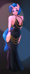 Size: 1624x3904 | Tagged: safe, artist:witchtaunter, derpibooru import, oc, oc only, oc:meridian, anthro, unicorn, arm behind back, breasts, chest fluff, cleavage, cleavage fluff, clothes, commission, curvy, dress, eyeshadow, female, fishtail dress meme, horn, hourglass figure, looking at you, makeup, meme, smiling, smiling at you, solo, unicorn oc