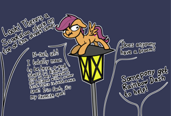 Size: 2048x1391 | Tagged: safe, artist:ewoudcponies, derpibooru import, scootaloo, pegasus, pony, blatant lies, denial, dialogue, female, filly, foal, gray background, lamppost, offscreen character, outline, simple background, solo, stuck, white outline