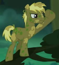 Size: 529x589 | Tagged: safe, derpibooru import, screencap, coco crusoe, earth pony, pony, g4, the cutie re-mark, alternate timeline, camouflage, chrysalis resistance timeline, cropped, in a tree, lookout, male, mud, muddy, solo, stallion, standing, tree